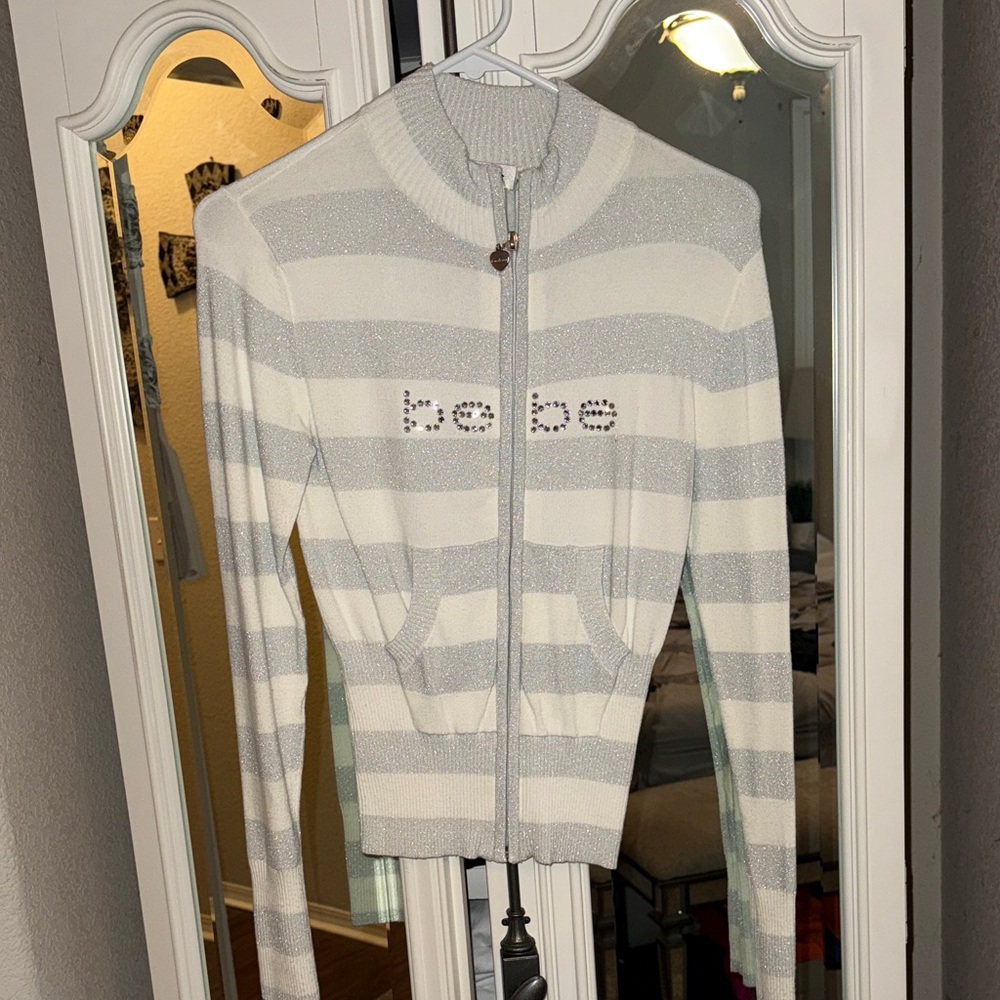 Bebe Gray and White Striped Zip-Up Cardigan